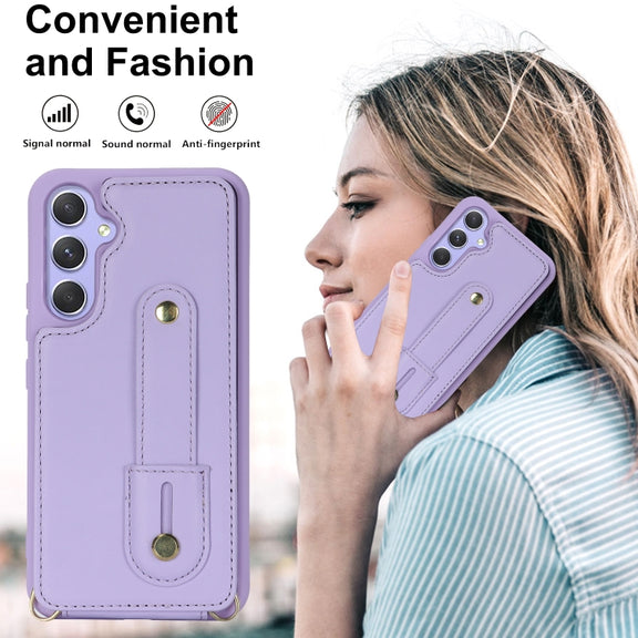 For Samsung Galaxy S25+ 5G Wristband Vertical Flip Wallet Back Cover Phone Case with Long Lanyard(Purple)