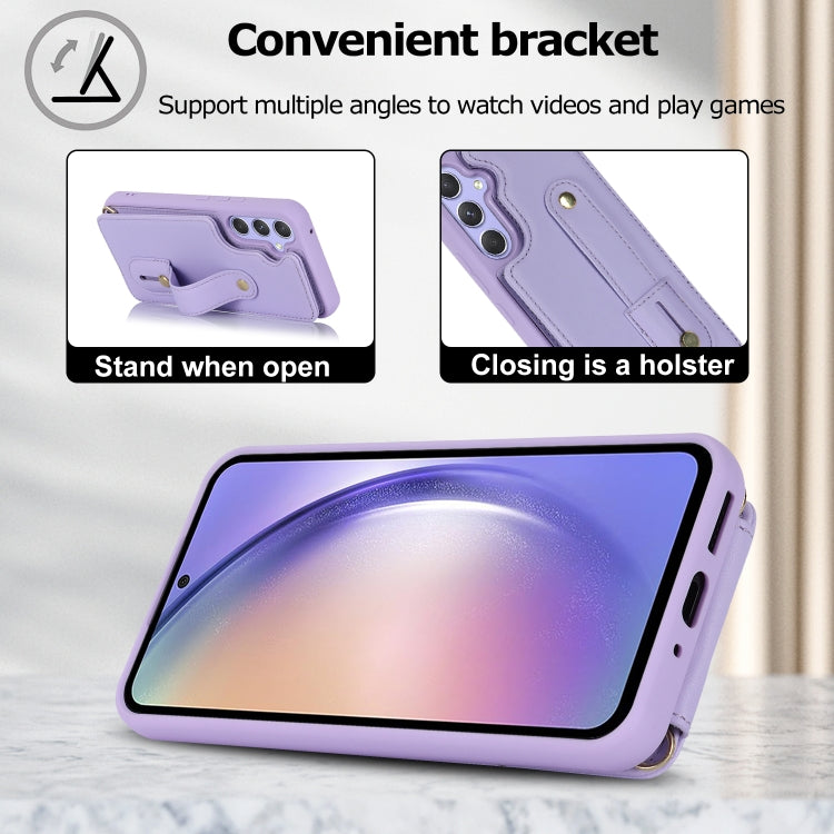 For Samsung Galaxy S25+ 5G Wristband Vertical Flip Wallet Back Cover Phone Case with Long Lanyard(Purple)
