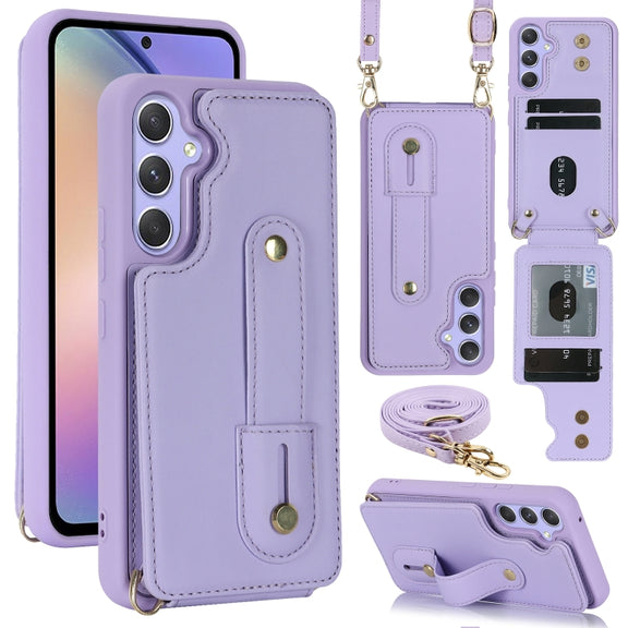For Samsung Galaxy S25+ 5G Wristband Vertical Flip Wallet Back Cover Phone Case with Long Lanyard(Purple)