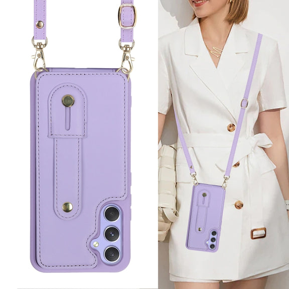 For Samsung Galaxy S25+ 5G Wristband Vertical Flip Wallet Back Cover Phone Case with Long Lanyard(Purple)