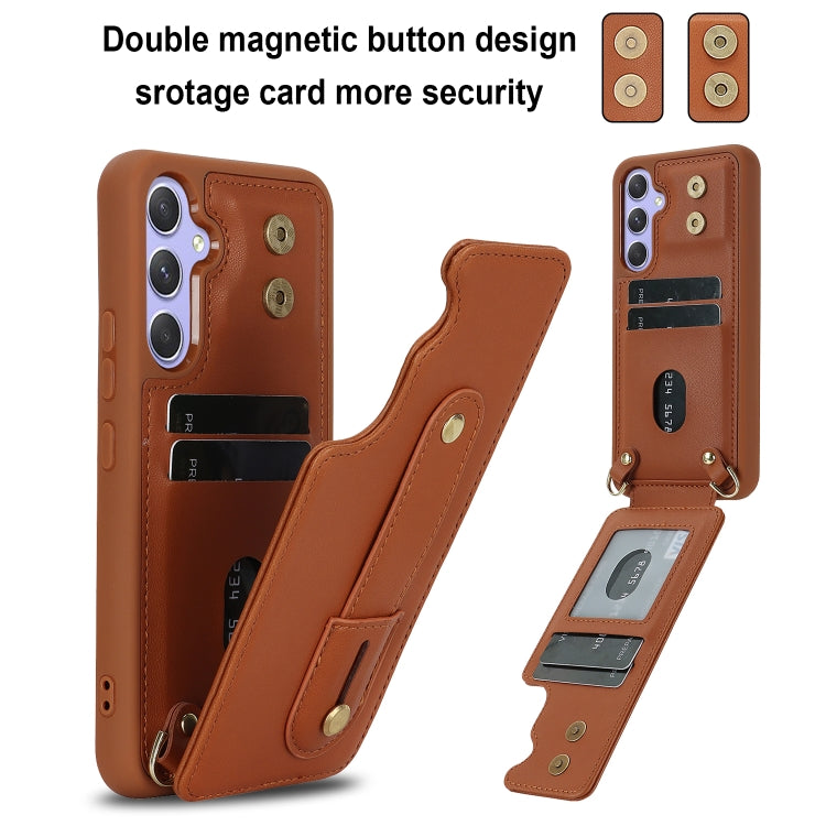 For Samsung Galaxy S25+ 5G Wristband Vertical Flip Wallet Back Cover Phone Case with Long Lanyard(Brown)