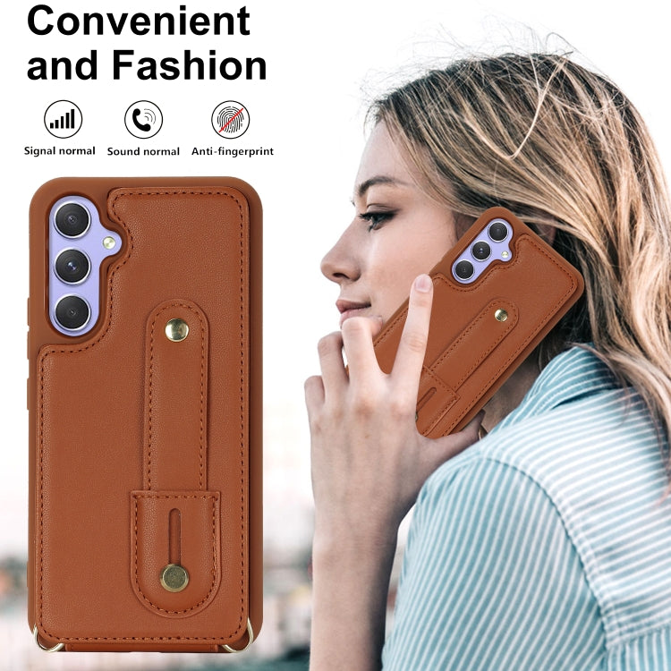 For Samsung Galaxy S25+ 5G Wristband Vertical Flip Wallet Back Cover Phone Case with Long Lanyard(Brown)