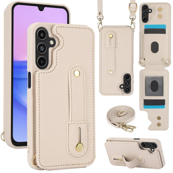 For Samsung Galaxy S25+ 5G Wristband Vertical Flip Wallet Back Cover Phone Case with Long Lanyard(White)