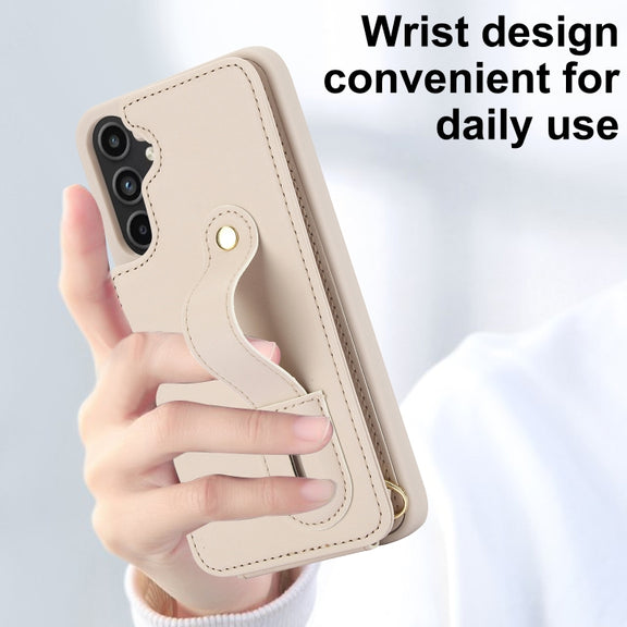For Samsung Galaxy S25+ 5G Wristband Vertical Flip Wallet Back Cover Phone Case with Long Lanyard(White)