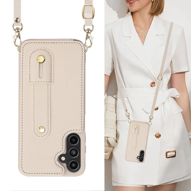 For Samsung Galaxy S25+ 5G Wristband Vertical Flip Wallet Back Cover Phone Case with Long Lanyard(White)
