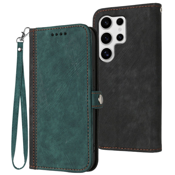 For Samsung Galaxy S25 Ultra 5G Side Buckle Double Fold Hand Strap Leather Phone Case(Dark Green)