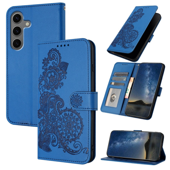 For Samsung Galaxy S25+ 5G Datura Flower Embossed Flip Leather Phone Case(Blue)
