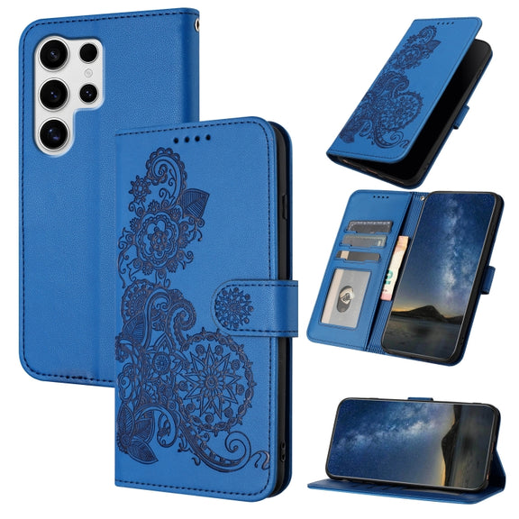 For Samsung Galaxy S25 Ultra 5G Datura Flower Embossed Flip Leather Phone Case(Blue)