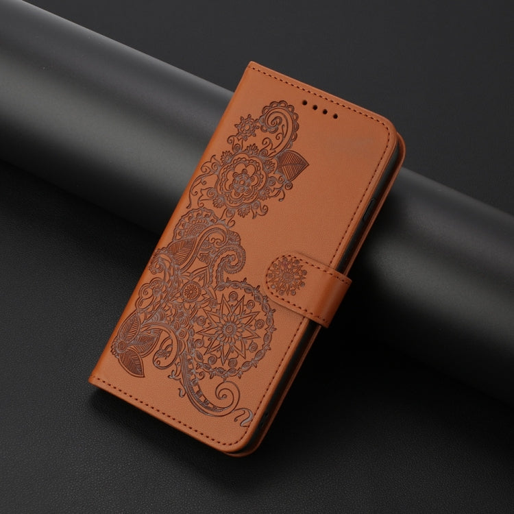 For Samsung Galaxy S25 Ultra 5G Datura Flower Embossed Flip Leather Phone Case(Brown)