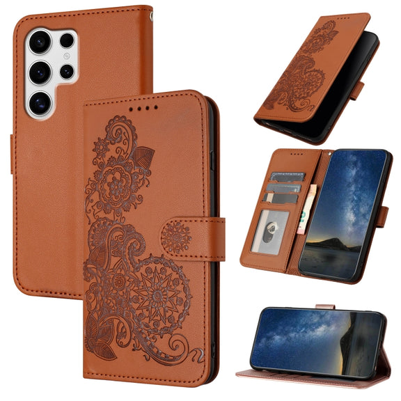 For Samsung Galaxy S25 Ultra 5G Datura Flower Embossed Flip Leather Phone Case(Brown)