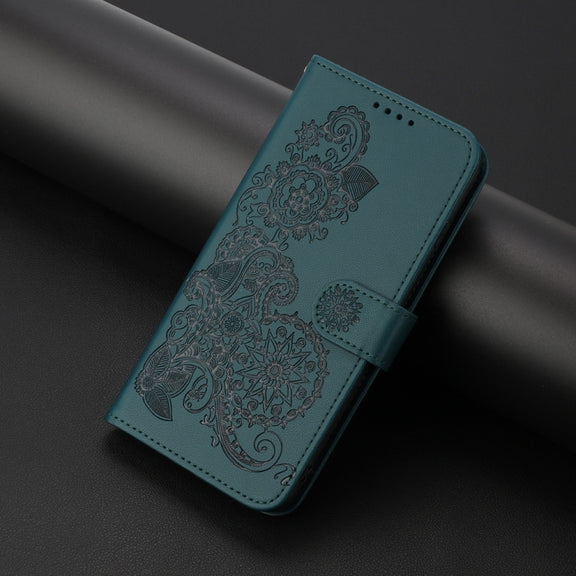 For Samsung Galaxy S25 Ultra 5G Datura Flower Embossed Flip Leather Phone Case(Dark Green)
