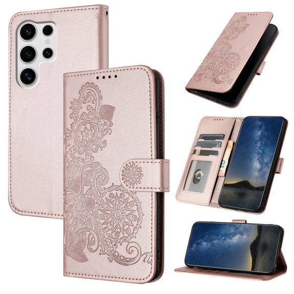 For Samsung Galaxy S25 Ultra 5G Datura Flower Embossed Flip Leather Phone Case(Rose Gold)