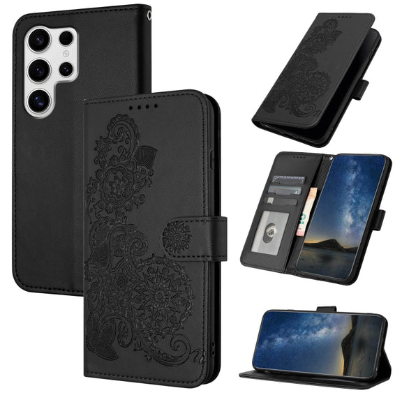 For Samsung Galaxy S25 Ultra 5G Datura Flower Embossed Flip Leather Phone Case(Black)