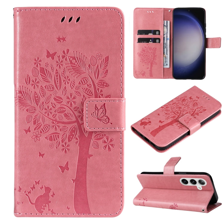 For Samsung Galaxy S25 / S24 5G Tree & Cat Embossed Pattern Flip Leather Phone Case(Pink) - free shipping - PMC Jewellery - Order now!