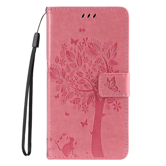 For Samsung Galaxy S25 / S24 5G Tree & Cat Embossed Pattern Flip Leather Phone Case(Pink)