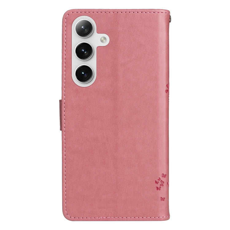 For Samsung Galaxy S25 / S24 5G Tree & Cat Embossed Pattern Flip Leather Phone Case(Pink)