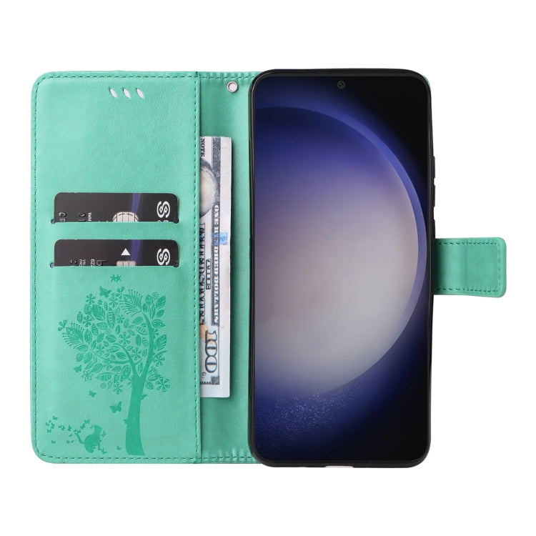 For Samsung Galaxy S25 / S24 5G Tree & Cat Embossed Pattern Flip Leather Phone Case(Green) - Galaxy S25 5G Cases by PMC Jewellery | Online Shopping South Africa | PMC Jewellery | Buy Now Pay Later Mobicred