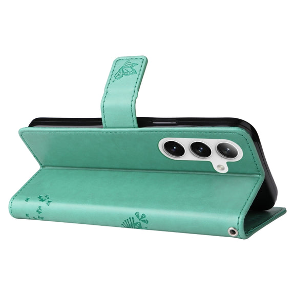 For Samsung Galaxy S25 / S24 5G Tree & Cat Embossed Pattern Flip Leather Phone Case(Green)