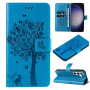 For Samsung Galaxy S25 / S24 5G Tree & Cat Embossed Pattern Flip Leather Phone Case(Blue)