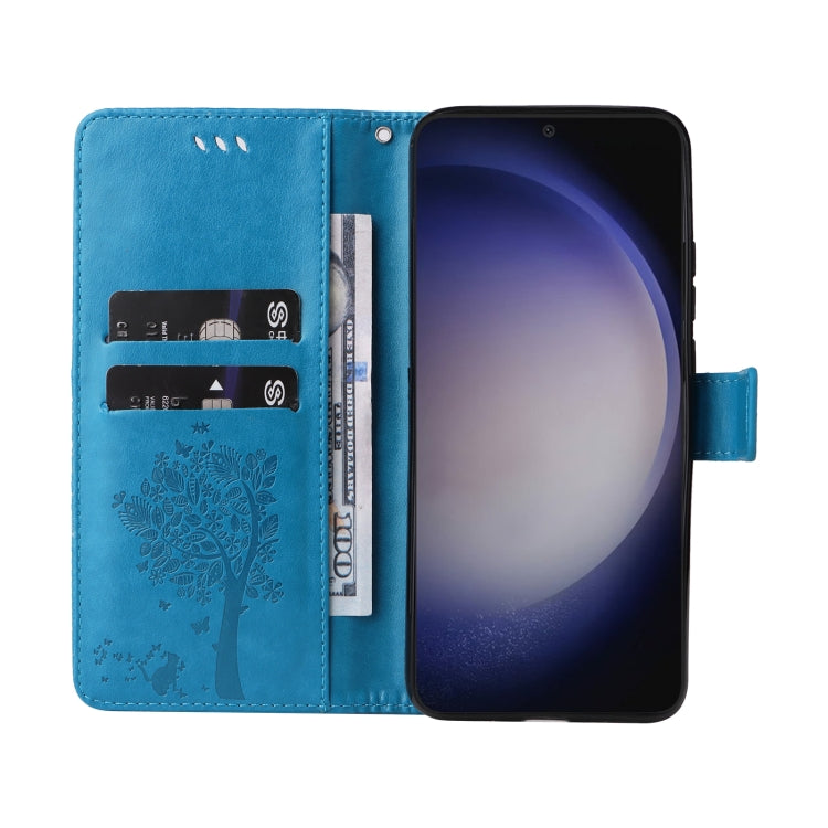 For Samsung Galaxy S25 / S24 5G Tree & Cat Embossed Pattern Flip Leather Phone Case(Blue) - Galaxy S25 5G Cases by PMC Jewellery | Online Shopping South Africa | PMC Jewellery | Buy Now Pay Later Mobicred