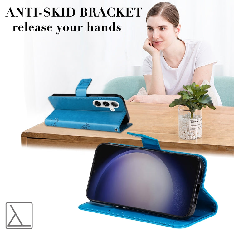 For Samsung Galaxy S25 / S24 5G Tree & Cat Embossed Pattern Flip Leather Phone Case(Blue) - Galaxy S25 5G Cases by PMC Jewellery | Online Shopping South Africa | PMC Jewellery | Buy Now Pay Later Mobicred