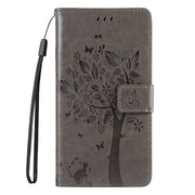 For Samsung Galaxy S25 / S24 5G Tree & Cat Embossed Pattern Flip Leather Phone Case(Grey)
