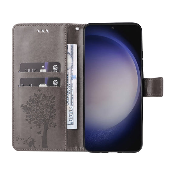 For Samsung Galaxy S25 / S24 5G Tree & Cat Embossed Pattern Flip Leather Phone Case(Grey)
