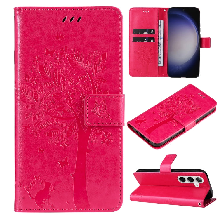 For Samsung Galaxy S25 / S24 5G Tree & Cat Embossed Pattern Flip Leather Phone Case(Rose Red) - Galaxy S25 5G Cases by PMC TechLife | Online Shopping South Africa | PMC TechLife | Buy Now Pay Later Mobicred