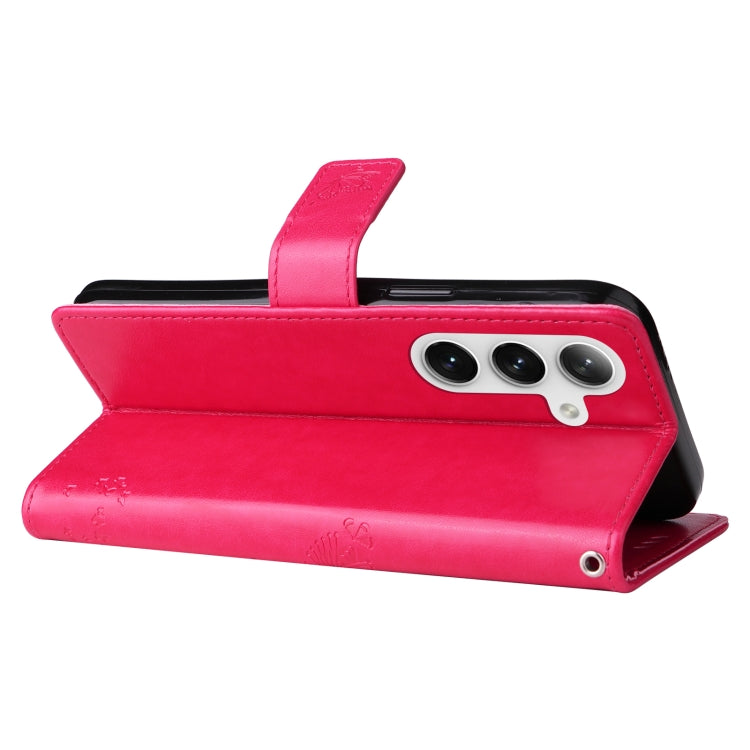 For Samsung Galaxy S25 / S24 5G Tree & Cat Embossed Pattern Flip Leather Phone Case(Rose Red) - Galaxy S25 5G Cases by PMC TechLife | Online Shopping South Africa | PMC TechLife | Buy Now Pay Later Mobicred
