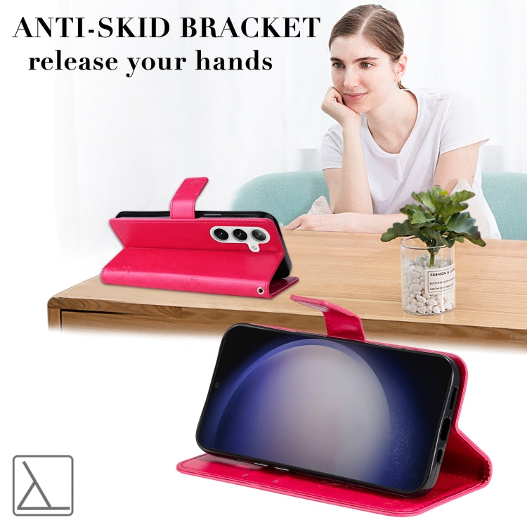 For Samsung Galaxy S25 / S24 5G Tree & Cat Embossed Pattern Flip Leather Phone Case(Rose Red) - Galaxy S25 5G Cases by PMC TechLife | Online Shopping South Africa | PMC TechLife | Buy Now Pay Later Mobicred