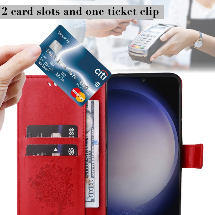 For Samsung Galaxy S25 / S24 5G Tree & Cat Embossed Pattern Flip Leather Phone Case(Red) - Galaxy S25 5G Cases by PMC Jewellery | Online Shopping South Africa | PMC Jewellery | Buy Now Pay Later Mobicred