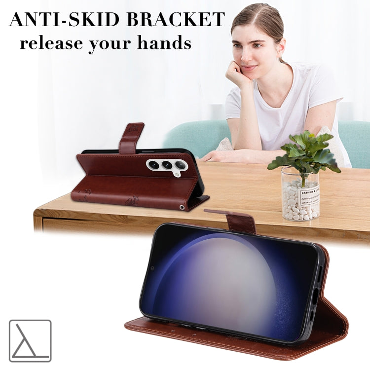 For Samsung Galaxy S25 / S24 5G Tree & Cat Embossed Pattern Flip Leather Phone Case(Coffee) - Galaxy S25 5G Cases by PMC Jewellery | Online Shopping South Africa | PMC Jewellery | Buy Now Pay Later Mobicred