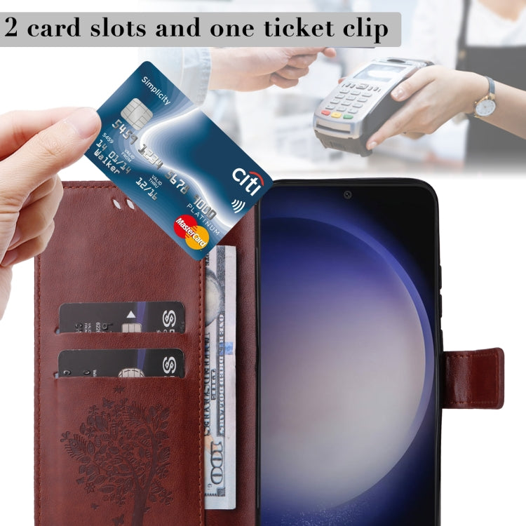 For Samsung Galaxy S25 / S24 5G Tree & Cat Embossed Pattern Flip Leather Phone Case(Coffee) - Galaxy S25 5G Cases by PMC Jewellery | Online Shopping South Africa | PMC Jewellery | Buy Now Pay Later Mobicred
