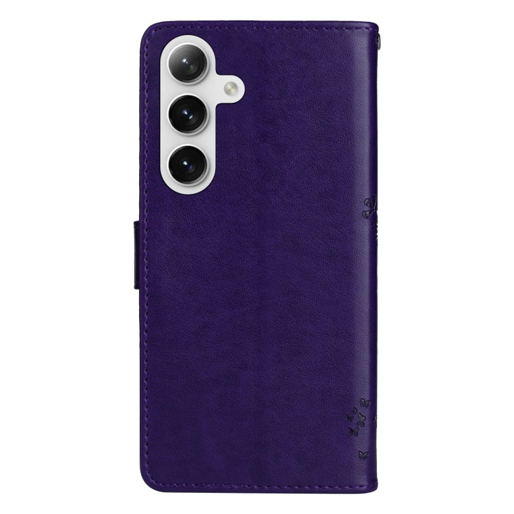 For Samsung Galaxy S25 / S24 5G Tree & Cat Embossed Pattern Flip Leather Phone Case(Purple) - Galaxy S25 5G Cases by PMC Jewellery | Online Shopping South Africa | PMC Jewellery | Buy Now Pay Later Mobicred