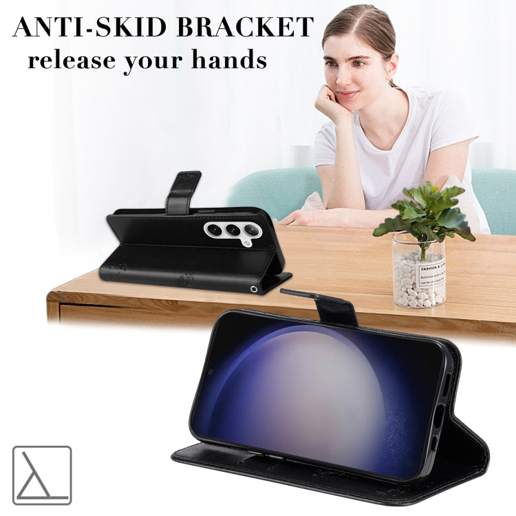 For Samsung Galaxy S25 / S24 5G Tree & Cat Embossed Pattern Flip Leather Phone Case(Black) - Galaxy S25 5G Cases by PMC Jewellery | Online Shopping South Africa | PMC Jewellery | Buy Now Pay Later Mobicred