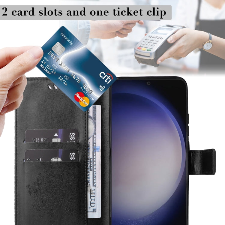 For Samsung Galaxy S25 / S24 5G Tree & Cat Embossed Pattern Flip Leather Phone Case(Black) - Galaxy S25 5G Cases by PMC Jewellery | Online Shopping South Africa | PMC Jewellery | Buy Now Pay Later Mobicred