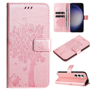 For Samsung Galaxy S25 / S24 5G Tree & Cat Embossed Pattern Flip Leather Phone Case(Rose Gold)