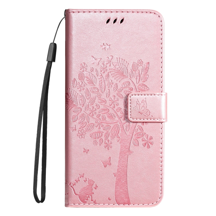 For Samsung Galaxy S25 / S24 5G Tree & Cat Embossed Pattern Flip Leather Phone Case(Rose Gold)