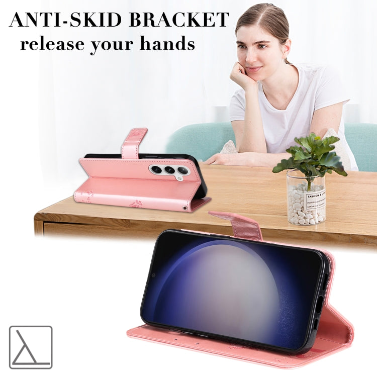 For Samsung Galaxy S25 / S24 5G Tree & Cat Embossed Pattern Flip Leather Phone Case(Rose Gold) - Galaxy S25 5G Cases by PMC TechLife | Online Shopping South Africa | PMC TechLife | Buy Now Pay Later Mobicred