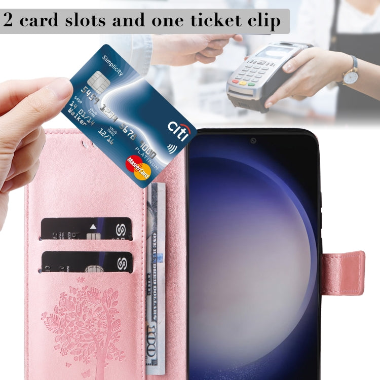For Samsung Galaxy S25 / S24 5G Tree & Cat Embossed Pattern Flip Leather Phone Case(Rose Gold) - Galaxy S25 5G Cases by PMC TechLife | Online Shopping South Africa | PMC TechLife | Buy Now Pay Later Mobicred