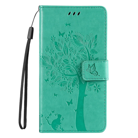 For Samsung Galaxy S25+ / S24+ 5G Tree & Cat Embossed Pattern Flip Leather Phone Case(Green)