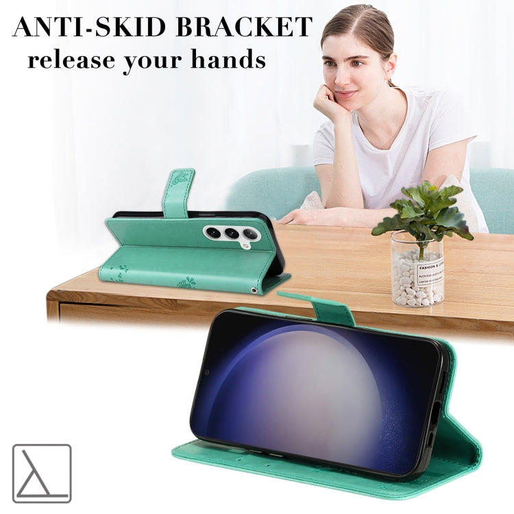 For Samsung Galaxy S25+ / S24+ 5G Tree & Cat Embossed Pattern Flip Leather Phone Case(Green) - Galaxy S25+ 5G Cases by PMC Jewellery | Online Shopping South Africa | PMC Jewellery | Buy Now Pay Later Mobicred