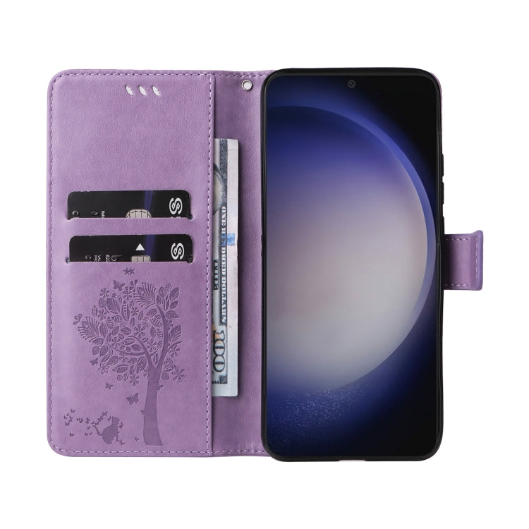 For Samsung Galaxy S25+ / S24+ 5G Tree & Cat Embossed Pattern Flip Leather Phone Case(Light Purple) - Galaxy S25+ 5G Cases by PMC TechLife | Online Shopping South Africa | PMC TechLife | Buy Now Pay Later Mobicred