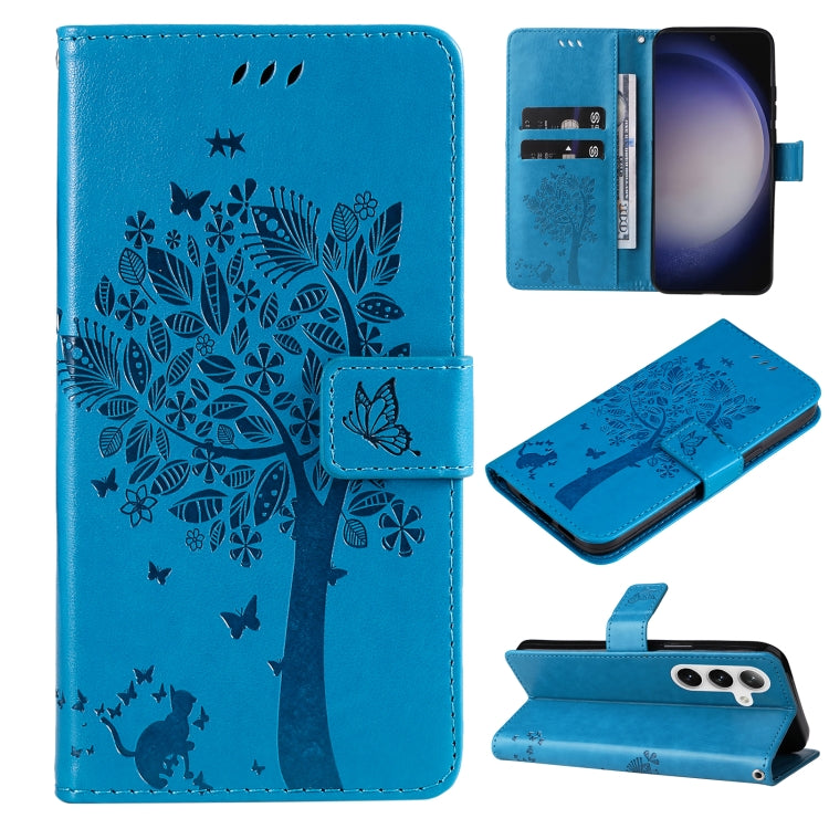 For Samsung Galaxy S25+ / S24+ 5G Tree & Cat Embossed Pattern Flip Leather Phone Case(Blue) - free shipping - PMC Jewellery - Order now!