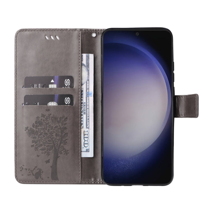 For Samsung Galaxy S25+ / S24+ 5G Tree & Cat Embossed Pattern Flip Leather Phone Case(Grey)