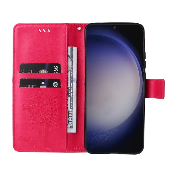 For Samsung Galaxy S25+ / S24+ 5G Tree & Cat Embossed Pattern Flip Leather Phone Case(Rose Red)