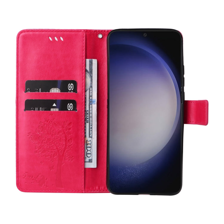 For Samsung Galaxy S25+ / S24+ 5G Tree & Cat Embossed Pattern Flip Leather Phone Case(Rose Red)
