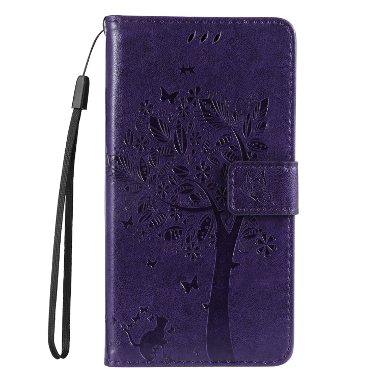 For Samsung Galaxy S25+ / S24+ 5G Tree & Cat Embossed Pattern Flip Leather Phone Case(Purple)
