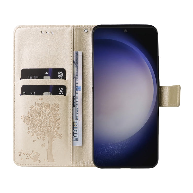 For Samsung Galaxy S25+ / S24+ 5G Tree & Cat Embossed Pattern Flip Leather Phone Case(Gold) - Galaxy S25+ 5G Cases by PMC Jewellery | Online Shopping South Africa | PMC Jewellery | Buy Now Pay Later Mobicred
