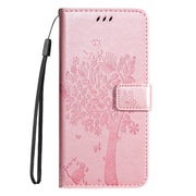 For Samsung Galaxy S25+ / S24+ 5G Tree & Cat Embossed Pattern Flip Leather Phone Case(Rose Gold)